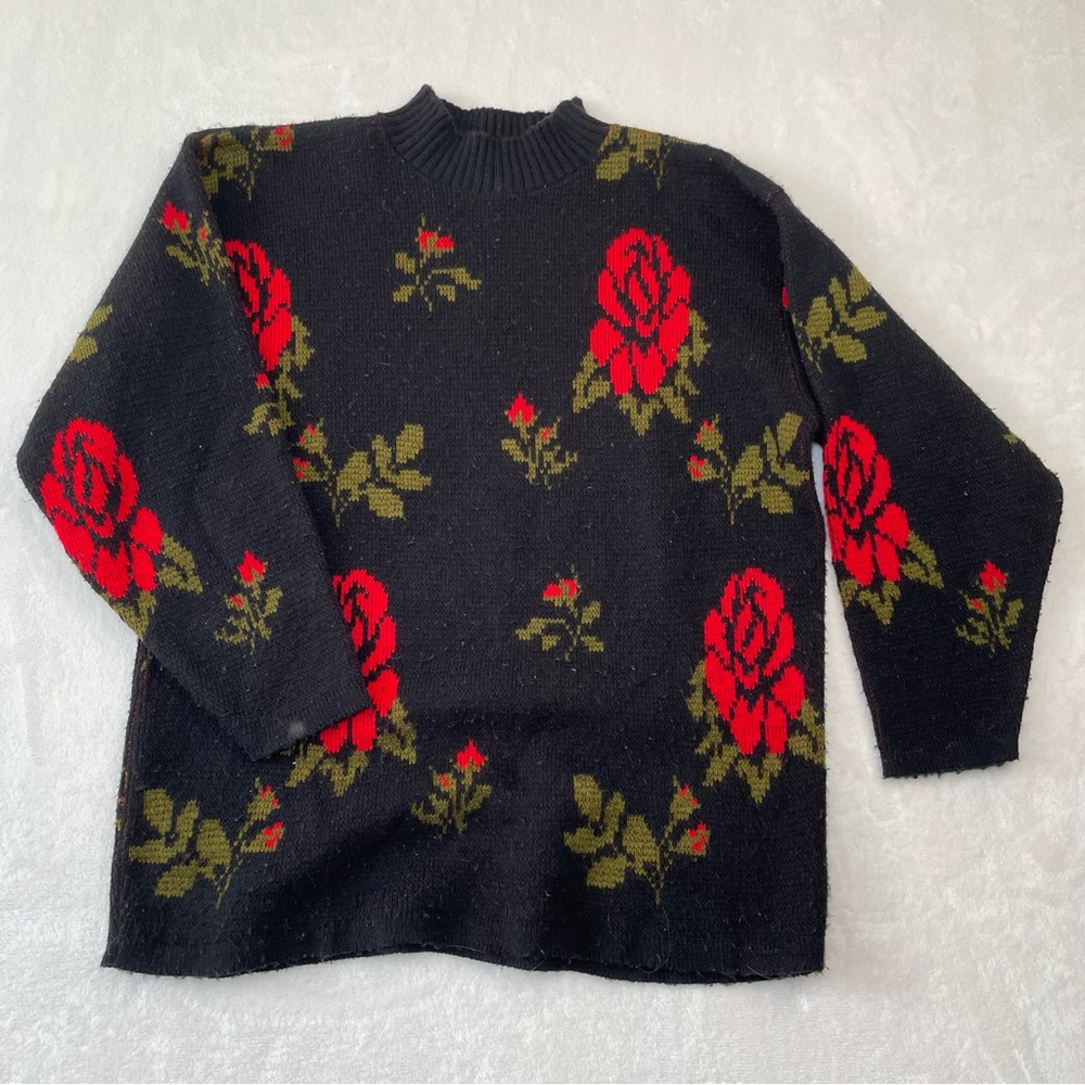 VTG Blue Morgan 90s Rose Knit Mock Neck Sweater Womens Sz S Coquette Grunge Goth - Picture 2 of 9